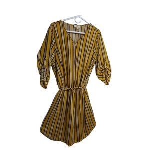 LoveJ Dress Women 2X Striped Elastic Waist Tunic Mini A-Line Zipper Trim Yellow